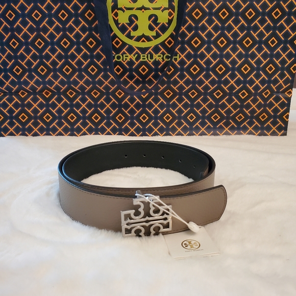 Tory Burch Accessories - BRAND NEW! TORY BURCH Gray Heron & Black Reversible Britten Logo Belt 1 1/2 in.